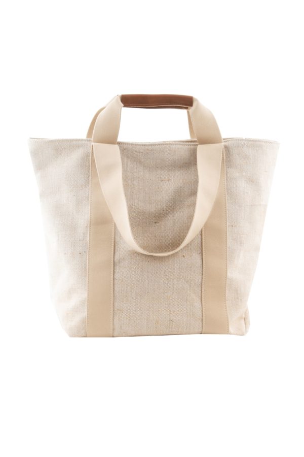 Τσάντα shopper ψάθινη με δερμάτινα χερούλια και υφασμάτινους ιμάντες ώμου. Εσωτερικό τσάντάκι με φερμουάρ.